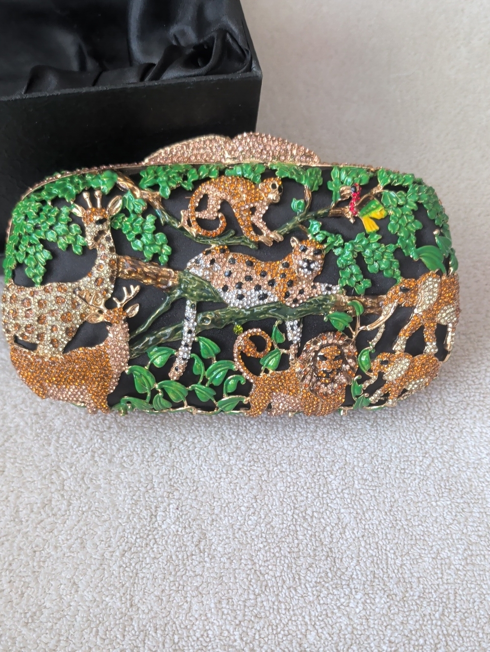 Jungle Safari Exotic Animals Rhinestone Crystal Enamel Evening Clutch Bag Purse